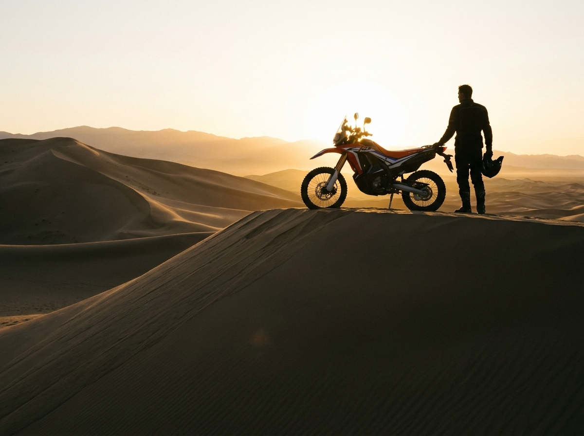 Motorcycle rider silhouette at sunset in Mongolia